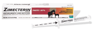 ZIMECTERIN is a broad-spectrum dewormer made by MERIAL. It controls 35 stages and species of worms and bots 